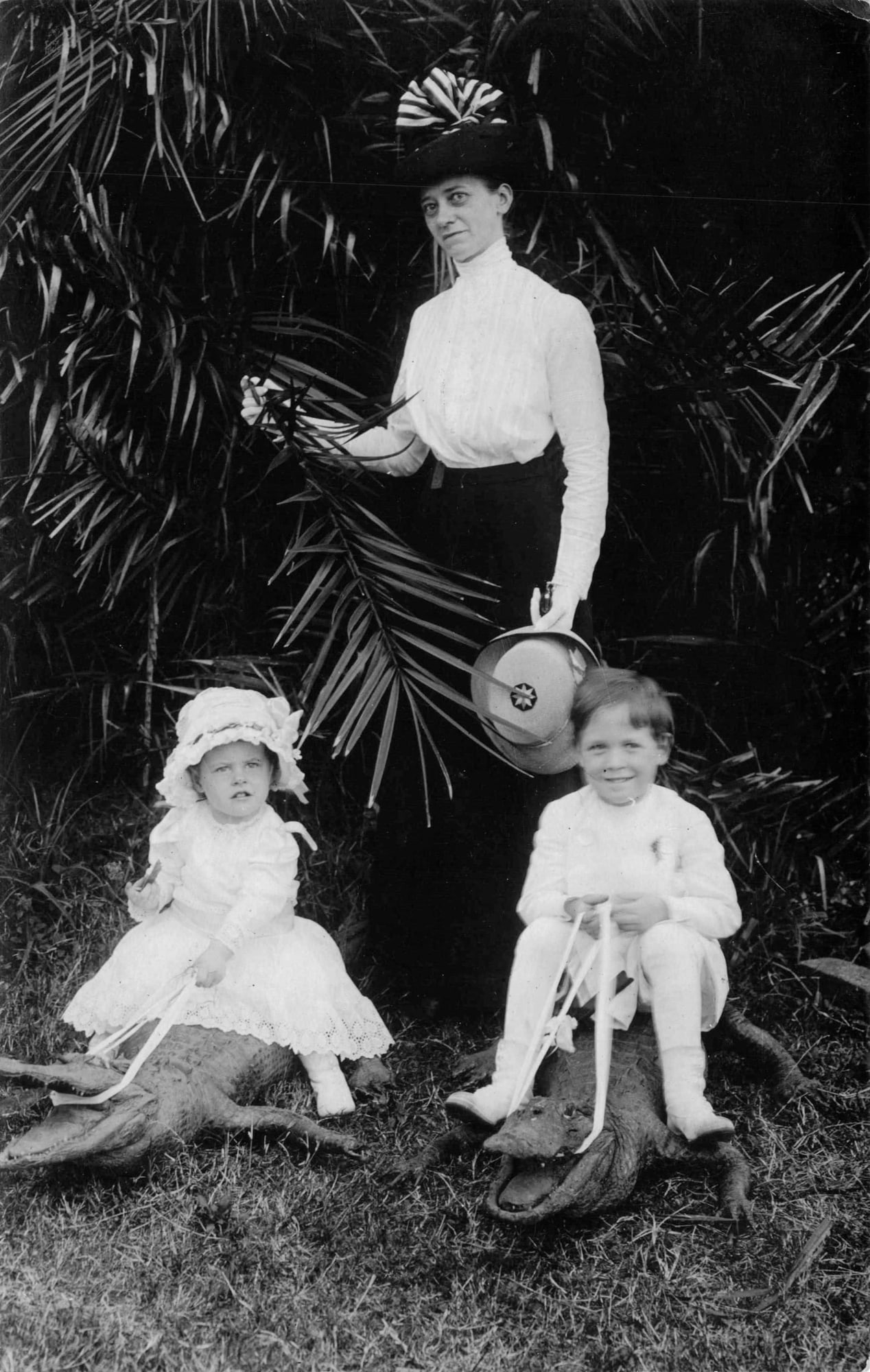Real Photo Postcard, Woman and Two Children Riding Alligators (1 of 2)