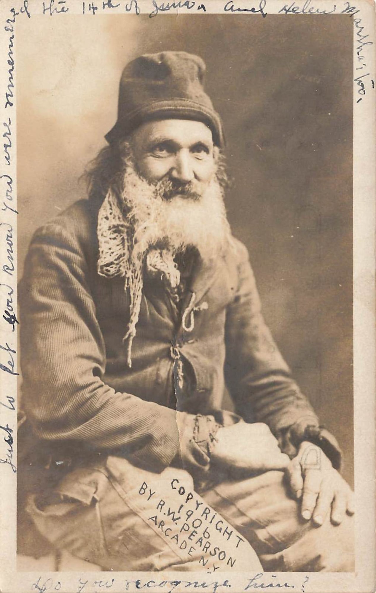 Real Photo Postcard, Hobo Hermit, Arcade, New York, 1906: An elderly bearded man identified on the reverse as a hobo or hermit from Arcade, New York is the subject of this real photo postcard, copyrighted in 1906 by R.W. Pearson of Arcade, New York and print