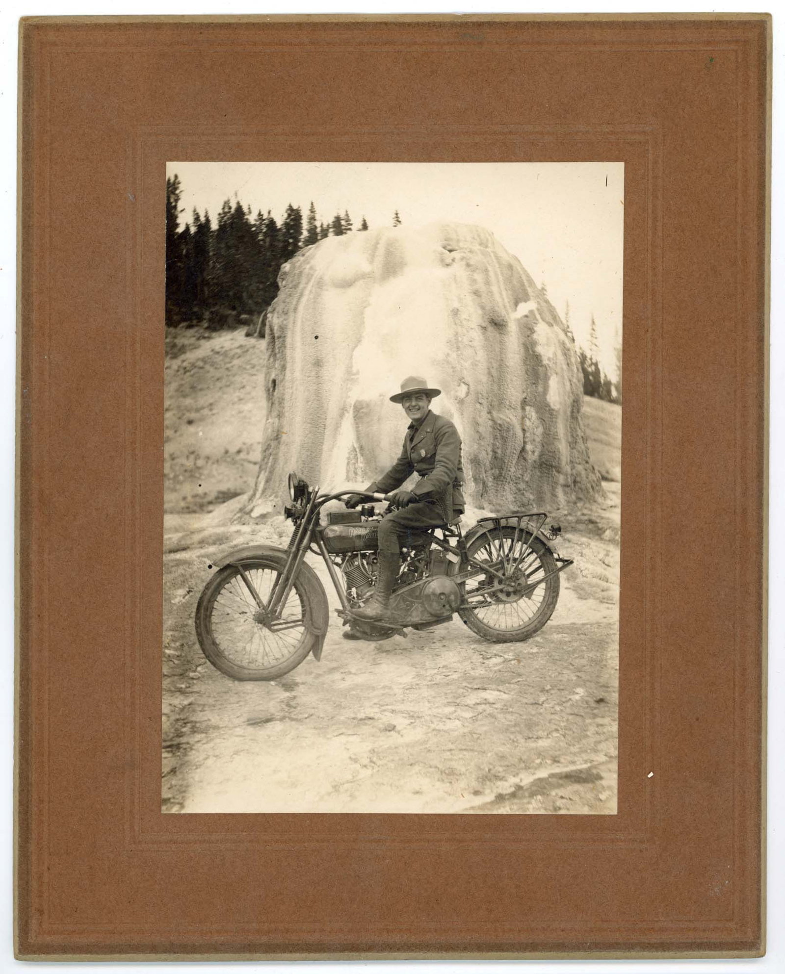 Mounted Photo, Harley-Davidson Motorcyclist at Liberty Cap, Yellowstone (1 of 1)