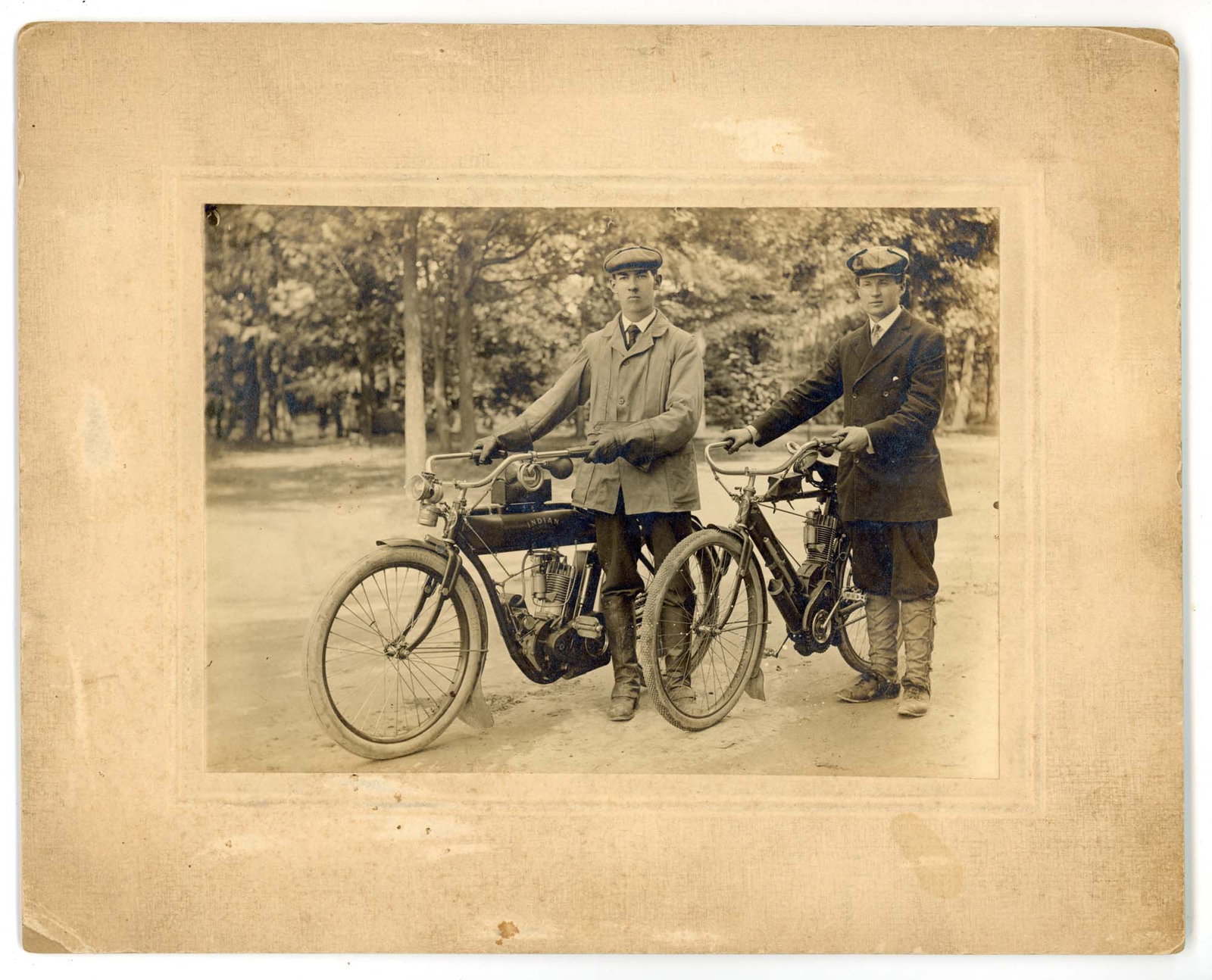 Mounted Photo, Two Men with Indian V-Twin and Single, Touring (1 of 1)