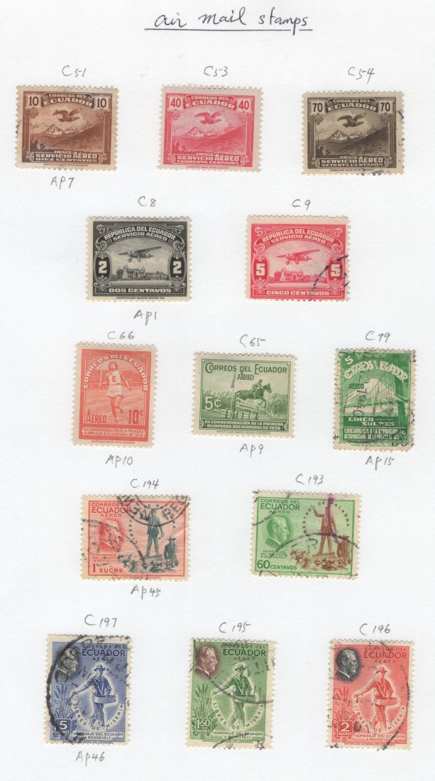 Ecuador Air Mail Stamps 1929-1952 Lot of 19, 2 SHEETS: PAGE 1: Ecuador Air Mail Stamps 1937-1948, PAGE 2: C64 Aereo SEDTA OP, C97, AP59, C235 OPs, C8 AP1