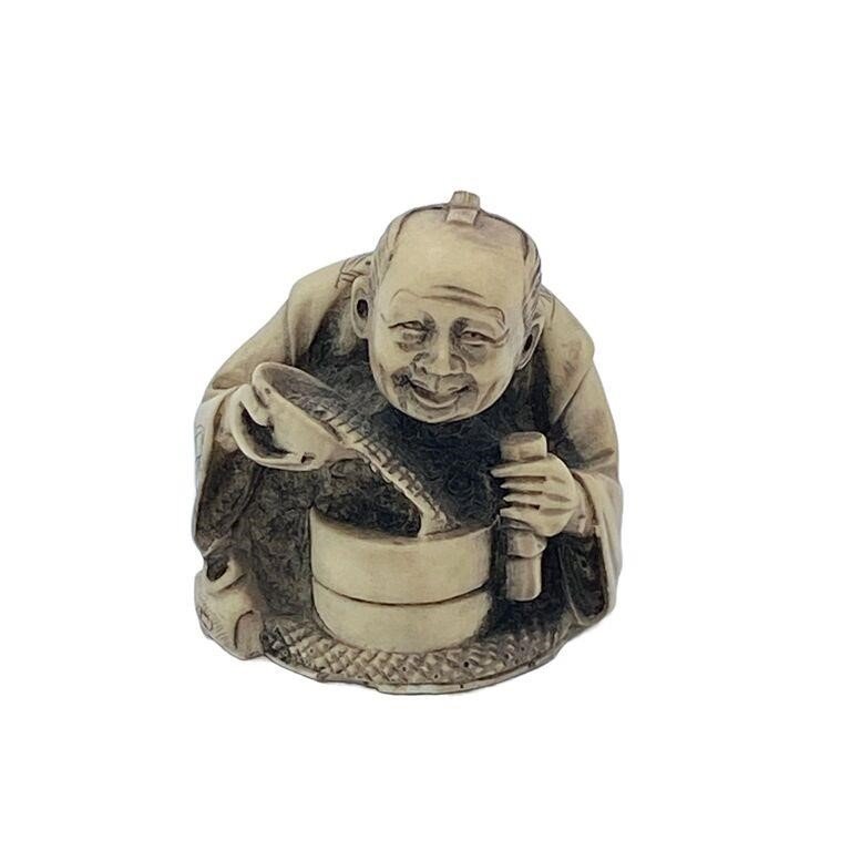 Japanese Resin Carved Netsuke Elder Man w/ Pot (1 of 4)