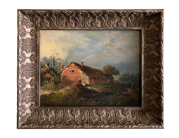 18th Century Village, Artist Unknown. Oil painting in the style of Andre Giroux 1801-1879