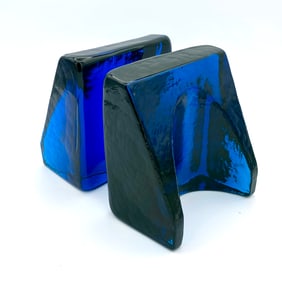 MCM Blenko Blue Glass Horseshoe Book Ends by Wayne Husted