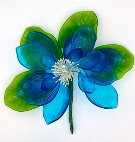 Mid Century Cobalt Blue & Green Lucite Flower w/ White Stamen, designed by J. Corelli, Italy