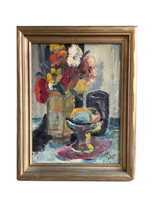 Still Life with Flowers and Fruit by Aida Mulieri Dagort: Still Life with Flowers and Fruit by Aida Mulieri DagortOil on art board, 14" x 18" (not including frame), circa late 1940s.Signed lower right. A vibrant still life featuring a bouquet in a tall vase,