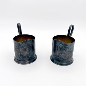 Vintage Soviet Sputnik Tea Glass Cup Holder Melchior Podstakannik, Set of 2