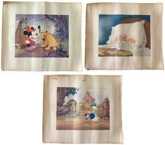 1937 Disney prints (Lot of 3), Sleeping Rabbits, Mickey + Pluto Camping, Donald Duck and His Angel
