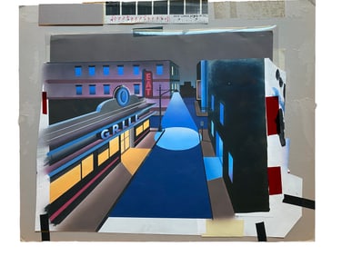 KABC Late Night Movie Graphic, Diner Street View. Layered Colored Pencil and Airbrush on Art Board