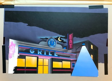 KABC Late Night Movie Graphic, Diner Street View Close Up. Colored Pencil and Airbrush Composite