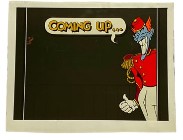 Coming Up… KABC Graphic depicting cartoon Theater Usher, acrylic on animation cell transparency
