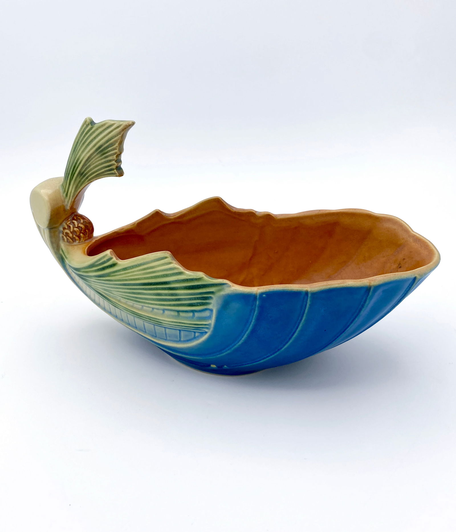 Pine Cone Blue Ceramic Bowl by Roseville USA Model 427-8: Pine Cone Blue Roseville USA Ceramic Bowl Model 427-8” circa 1935-1940. 9” x 5.25” x 1”, 12 oz.