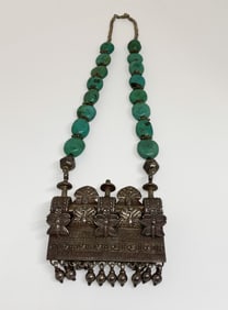 Beaded Turquoise and Silver Pendant Necklace