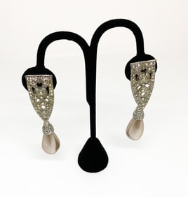 Large Clip On Earrings Art Deco Crystal Pendant