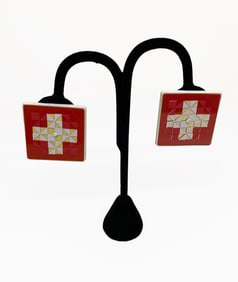 Plastic Swiss Flag Pinwheel Earrings