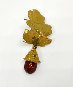 Red Enameld Acorn Goldtone Leaf Pendant Earrings