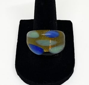 Murano Glass Ring, Blue Stripes Gold Fleck