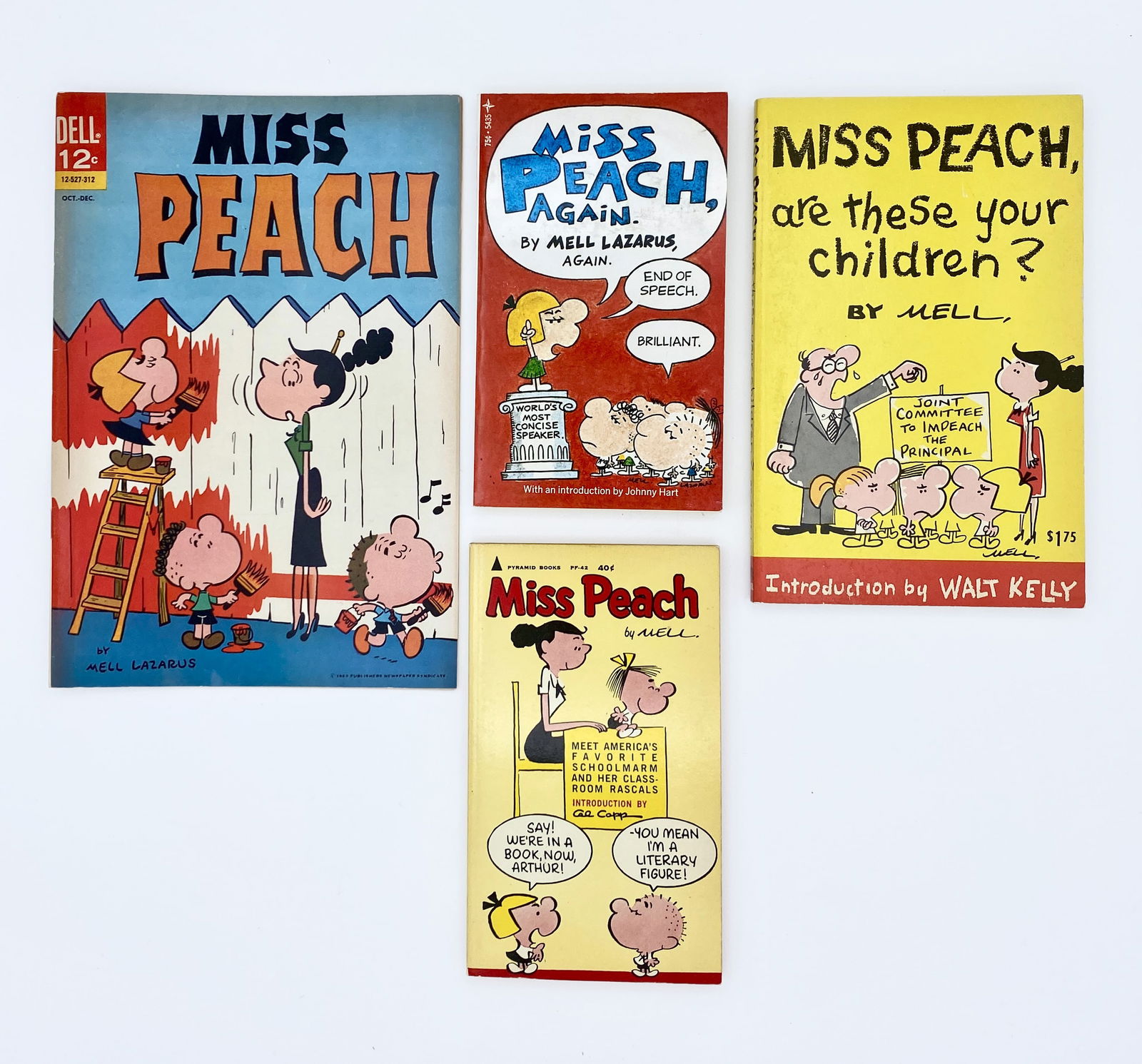 Miss Peach Original Comic Book and Paperbacks: Miss Peach Oct–Dec 1963. Dell Comic Books, Publishers Newspaper Syndicate. Full-color comic book. 7 x 10.25 inches. Miss Peach by Mell Lazarus, Foreword by Al Capp. 1958. Paperback, 4 x 7 x 0.25 inc