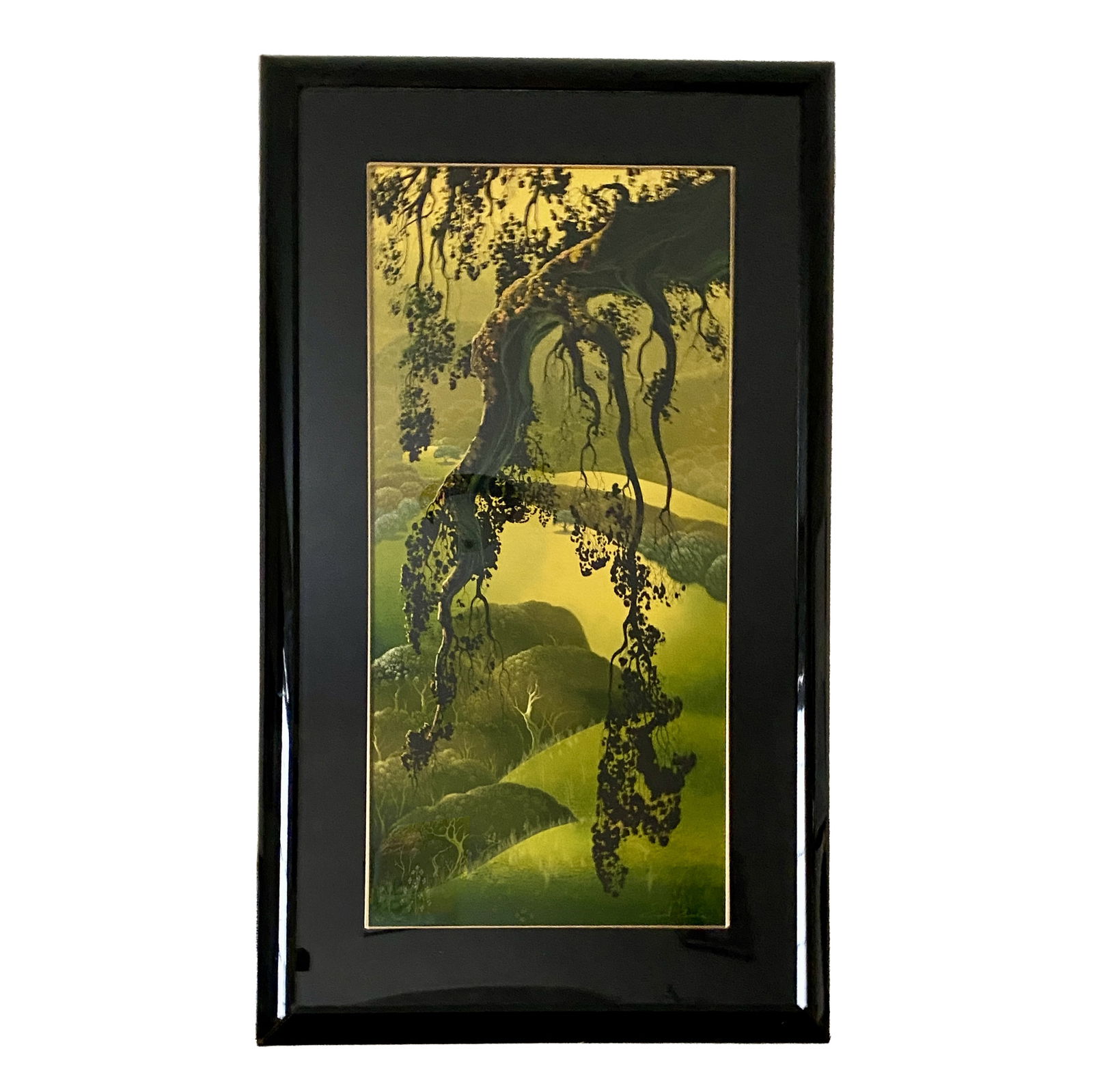 Eyvind Earle Yorktown Branch Serigraph: "Yorktown Branch" Limited-edition serigraph by Eyvind Earle, numbered 165/200 and signed lower right.Artwork measures 39.5 x 19.5 in (100.3 x 49.5 cm) and is presented in a black lacquered frame, brin