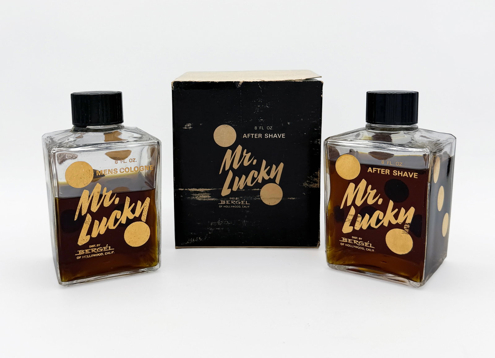 Vintage RARE Mr Lucky Set Cologne & After Shave: RARE Vintage Mr Lucky Set Cologne and Aftershave 3/4 full bottles by Bergel of Hollywood - approx. 8 fl oz each.