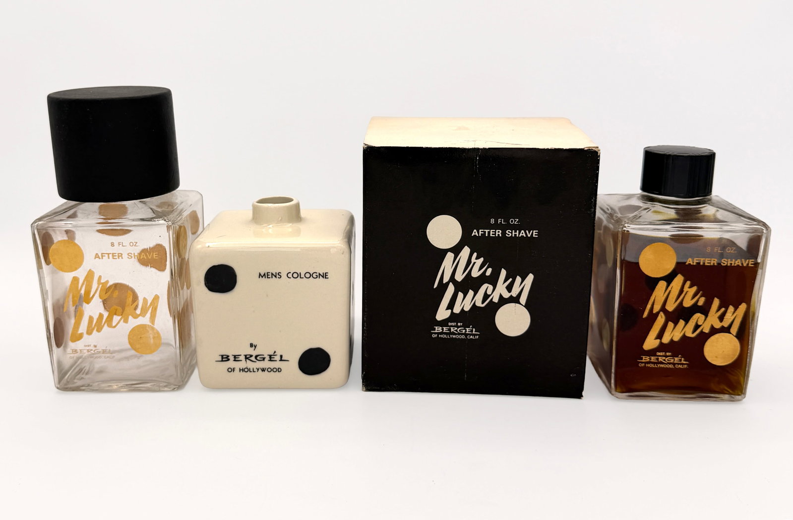Vintage RARE Mr Lucky Aftershave & addtl bottles: RARE Vintage Mr Lucky After Shave NIB + addtl empty bottle & empty white dice bottle by Bergel of Hollywood - 8 fl oz.