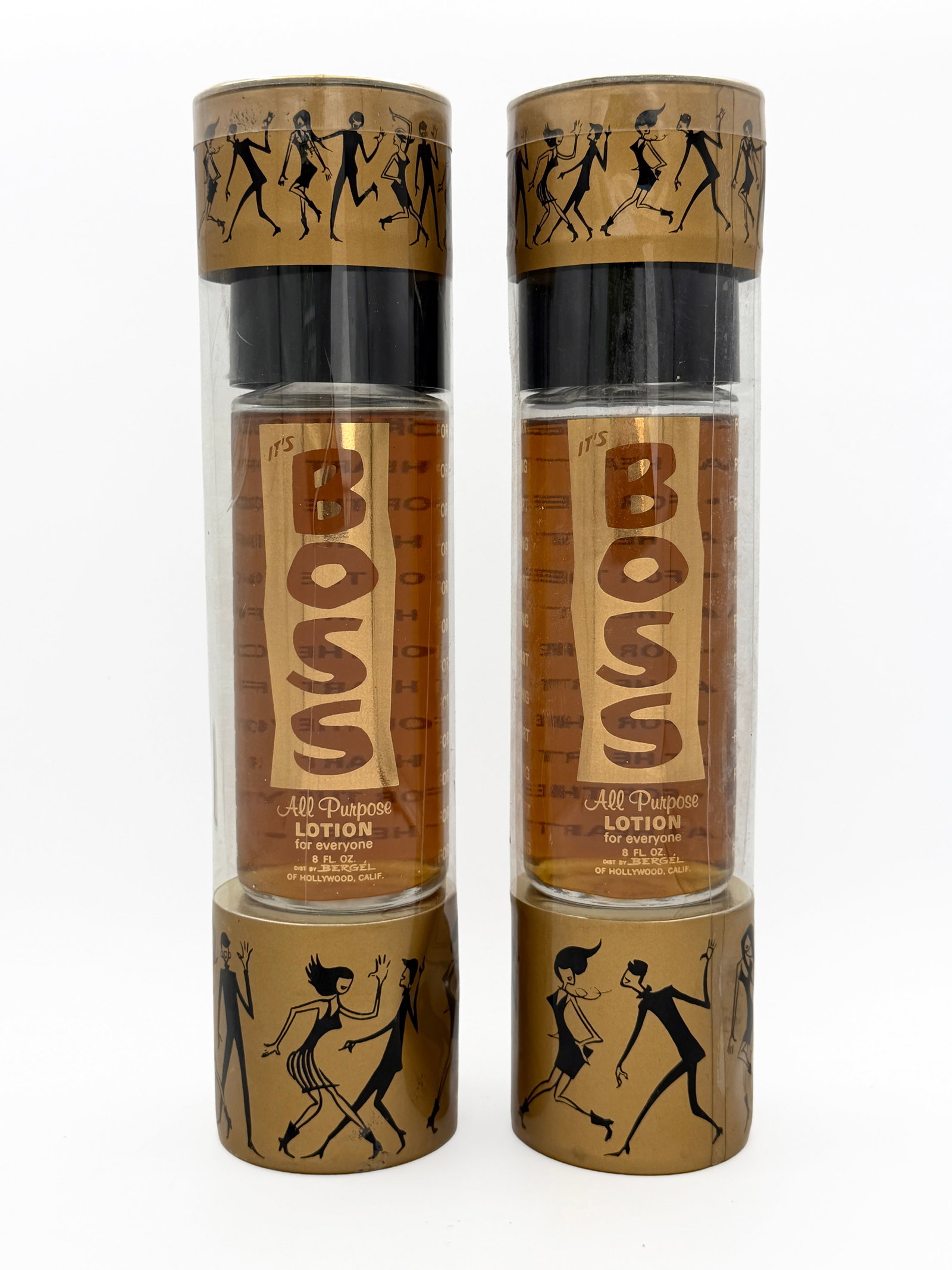 Vintage MCM "It's Boss" All Purpose Lotion oil: RARE Vintage MCM "It's Boss" All purpose lotion oil 1960s. Packaging is of fun 1960s mod dancing-figures graphic design by Bergel of Hollywood - 8 fl oz. - New in Box Unused. Two bottles available. So