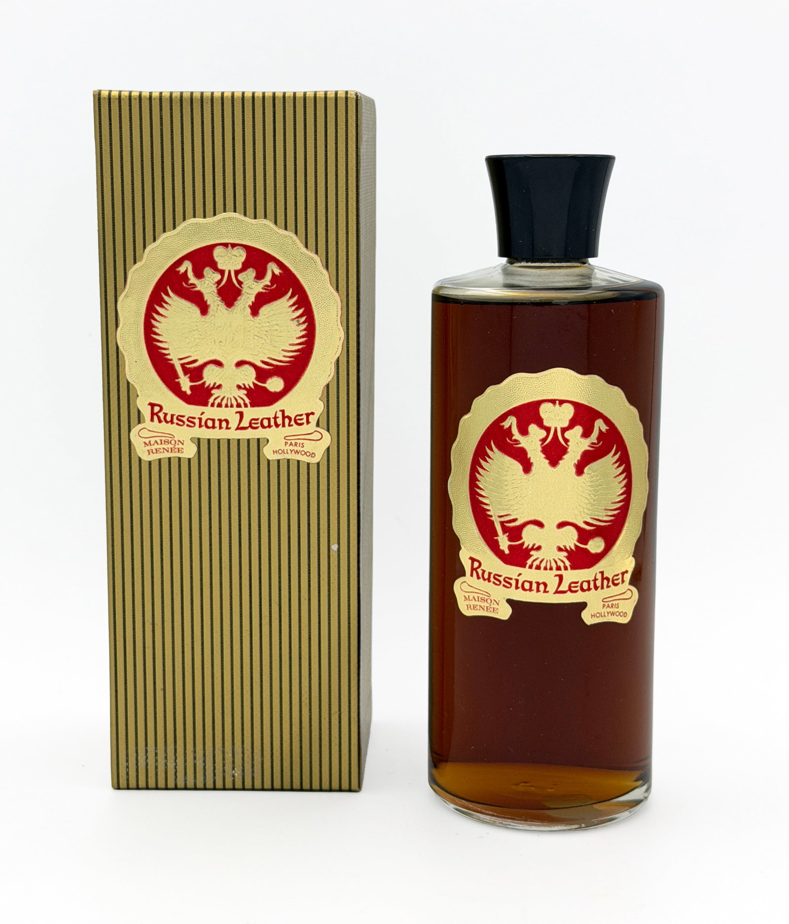 Vintage "Russian Leather" Cologne gold gift box: Vintage "Russian Leather" Cologne in gold structured gift box by Bergel of Hollywood - 8 fl oz. - New in Box Unused.