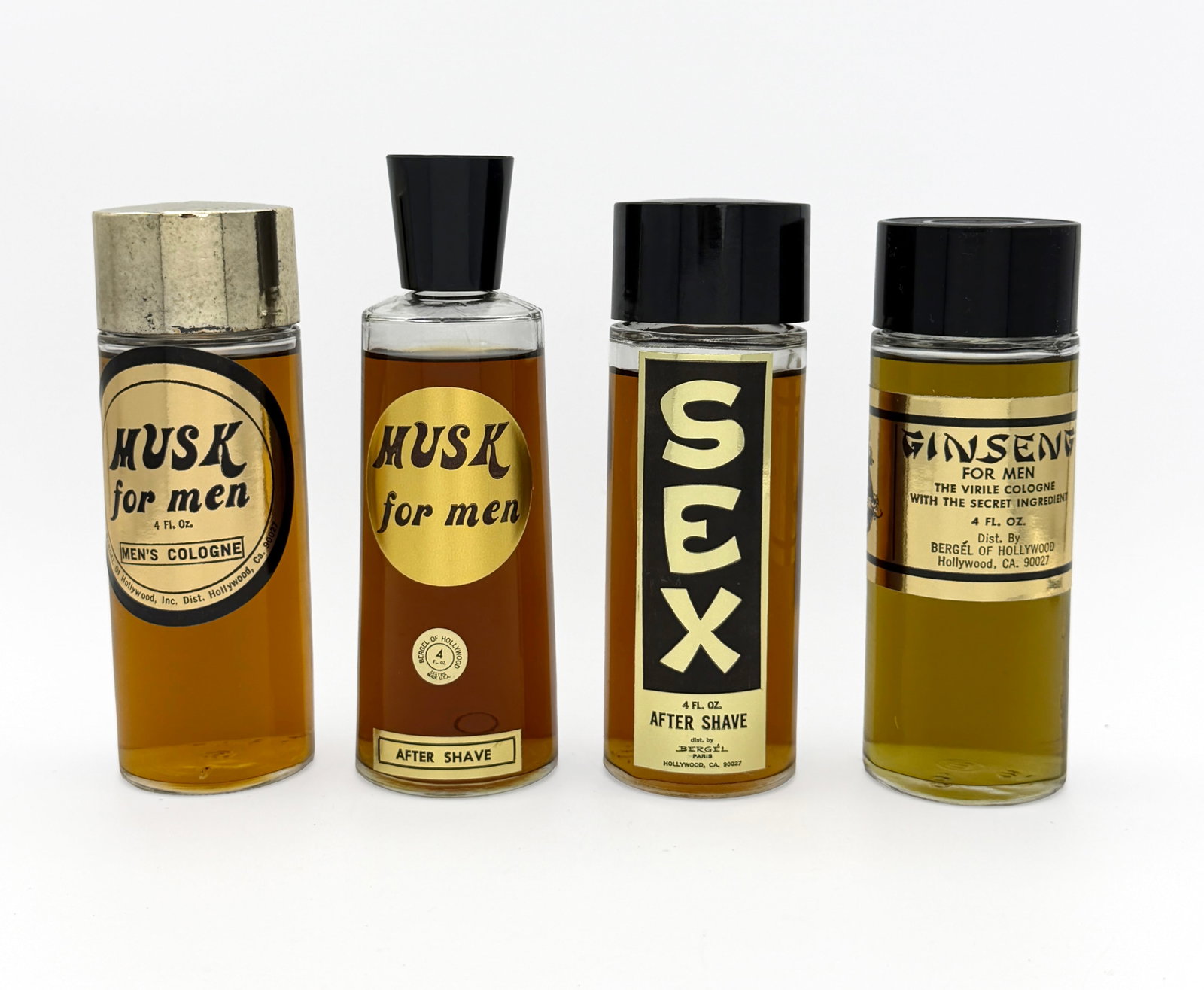 RARE Vintage lot of MCM Cologne & After Shave: RARE Vintage lot of 4 MCM Cologne & After Shave by Bergel of Hollywood - 4 fl oz. each - All New in Box Unused- "Musk for Men" Cologne & After Shave set- "Sex" After Shave- "Ginseng for Men" Cologne. 
