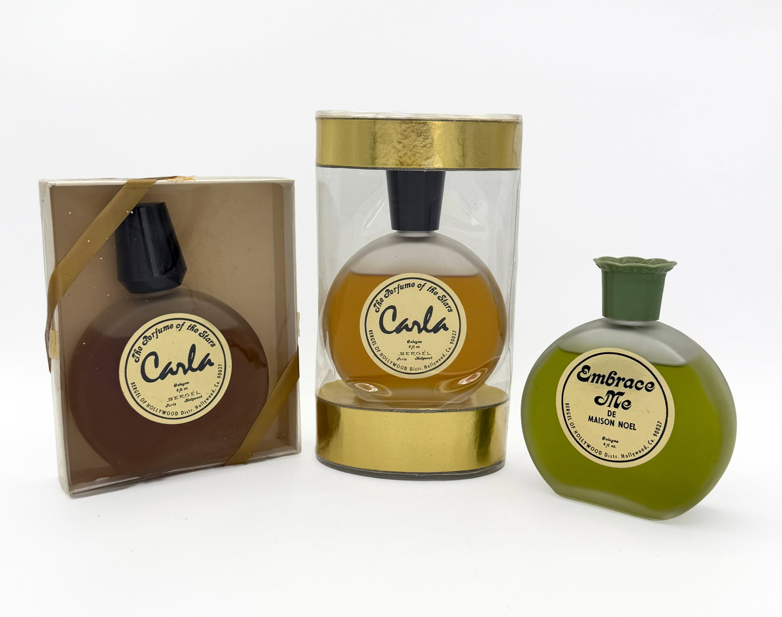 Vintage 1960s 4 oz Colognes Lot of 3: Vintage lot of 3 MCM Colognes by Bergel of Hollywood - 4 fl oz. each - All New in Box Unused- "Embrace Me de Maison Noel" Cologne- "Carla" Cologne.