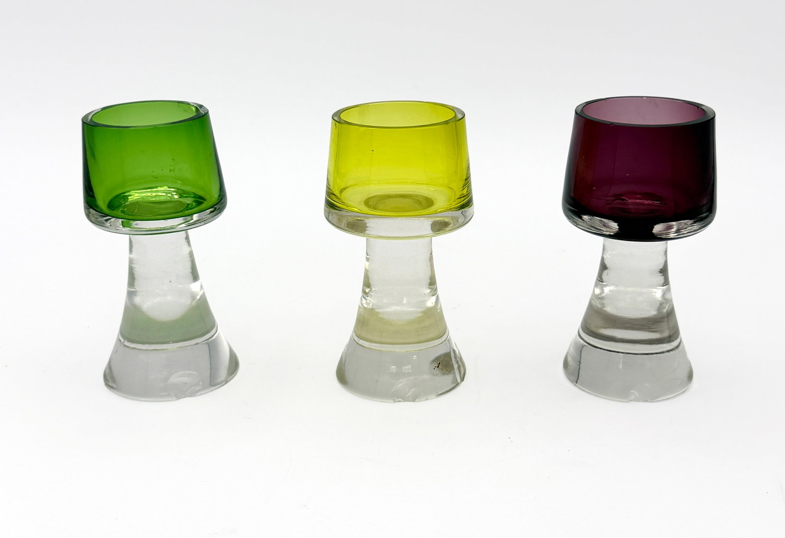 Set of 3 Bohemian Art Deco Apertif Glasses 1930s: Set of three Art Deco-era apertif glasses originating from Czechoslovakian (Bohemian) glassworks, early 20th century.