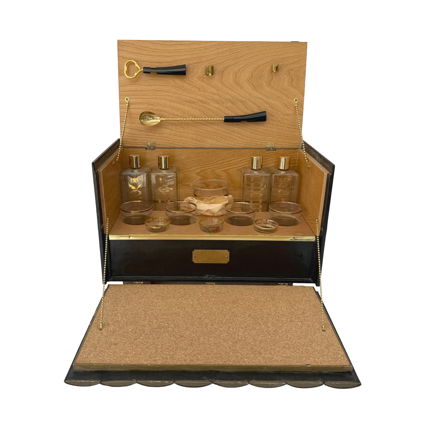 Vintage faux book case hidden liqueur cabinet: Vintage Tabletop Faux Books collection with Hidden Bar. Includes three shot glasses (2 have gold trim, 1 is a plain replacement), 4 Gold Rimmed 4 3/4" Tumbler Glasses (some wear visible), a beaker typ