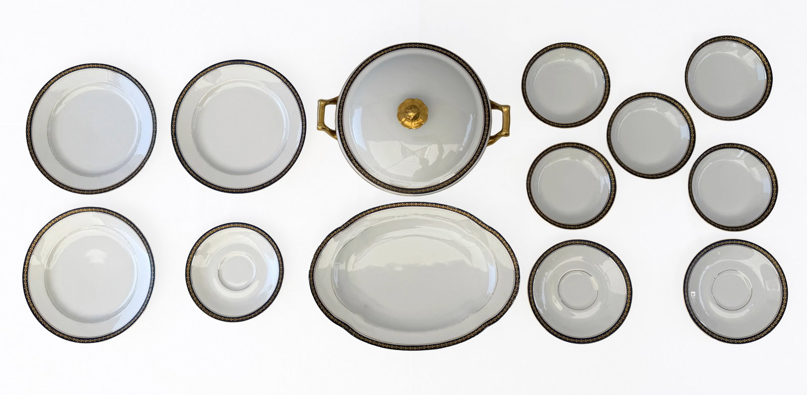 Vintage Limoge A. Lanternier & Co. dish set: 4 small bowls, 3 salad plates, 1 lg serving dish, 1 round vegetable serving bowl w/ lidLNT290 by Lanternier LNT38 by Lanternier LIM348 by Limoge