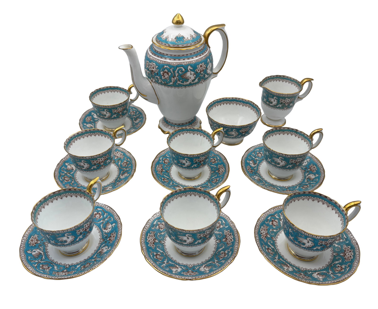 Crown Staffordshire Ellesmere Coffee Set (17pcs): The Crown Staffordshire Ellesmere in Turquoise Bird pattern Demitasse / Coffee set from the late 1970s bone china. (17pcs)- 1 Coffee pot- 7 Demitasse cups & saucers- 1 Creamer- 1 Open sugar bowl A1499