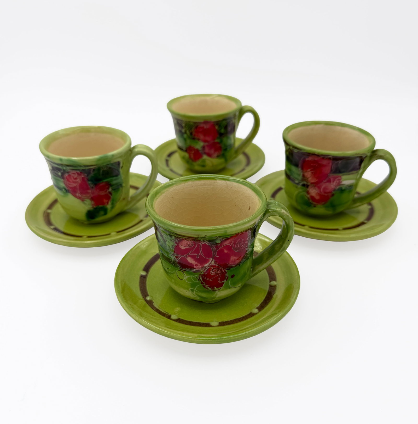 Set of 4 Poterie Galtie Espresso Cups & Saucers: Set of 4 Vintage Signed Poterie Galtie France espresso cups and matching saucers, green and floral design, near perfect condition. Handmade in France.