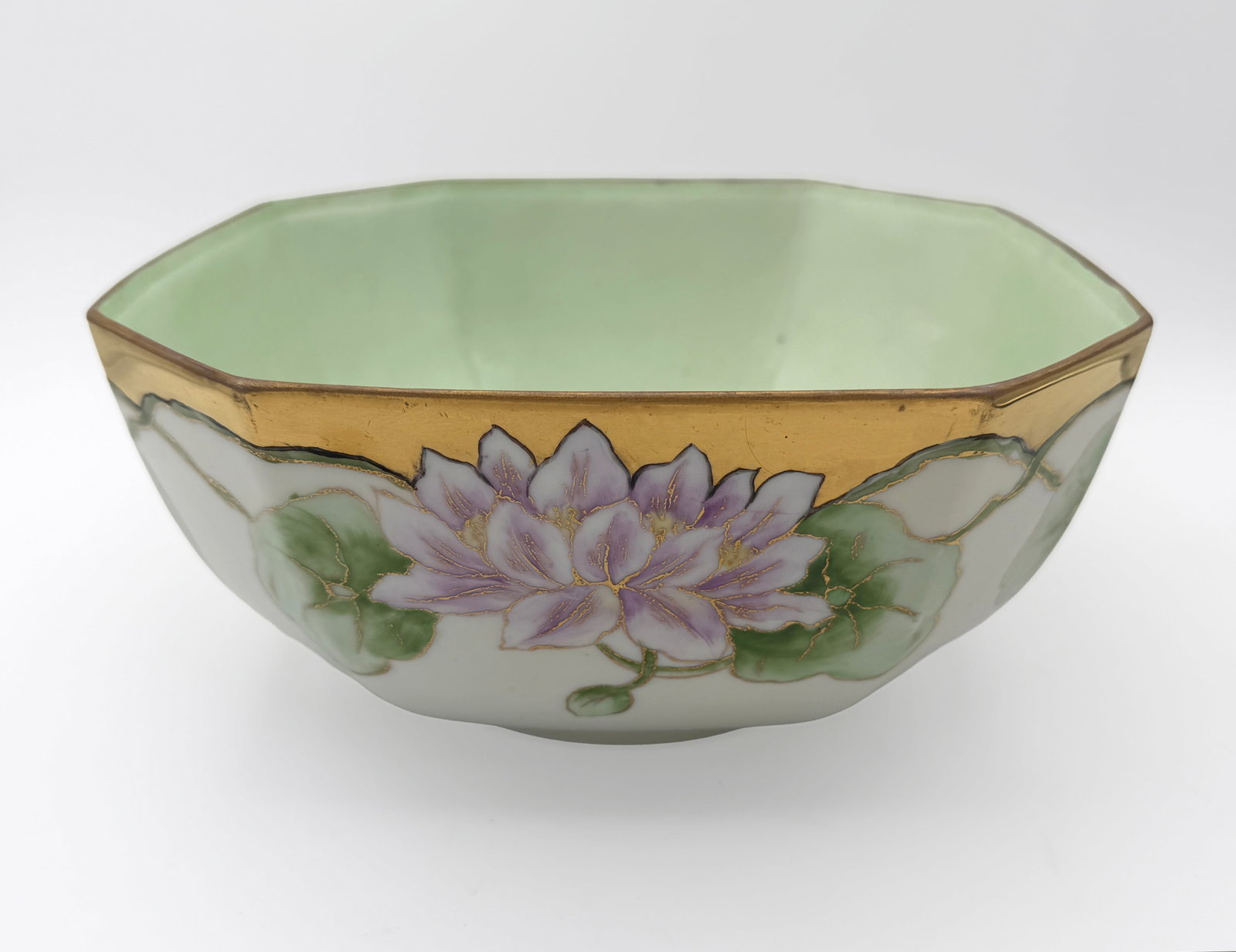 Art Nouveau Octogonal B & Co Limoge bowl: Large Octogonal B & Co Limoge bowl with Pilkington glazing. Limoge blank cloisonne lotus design by Bernardaud & Co.