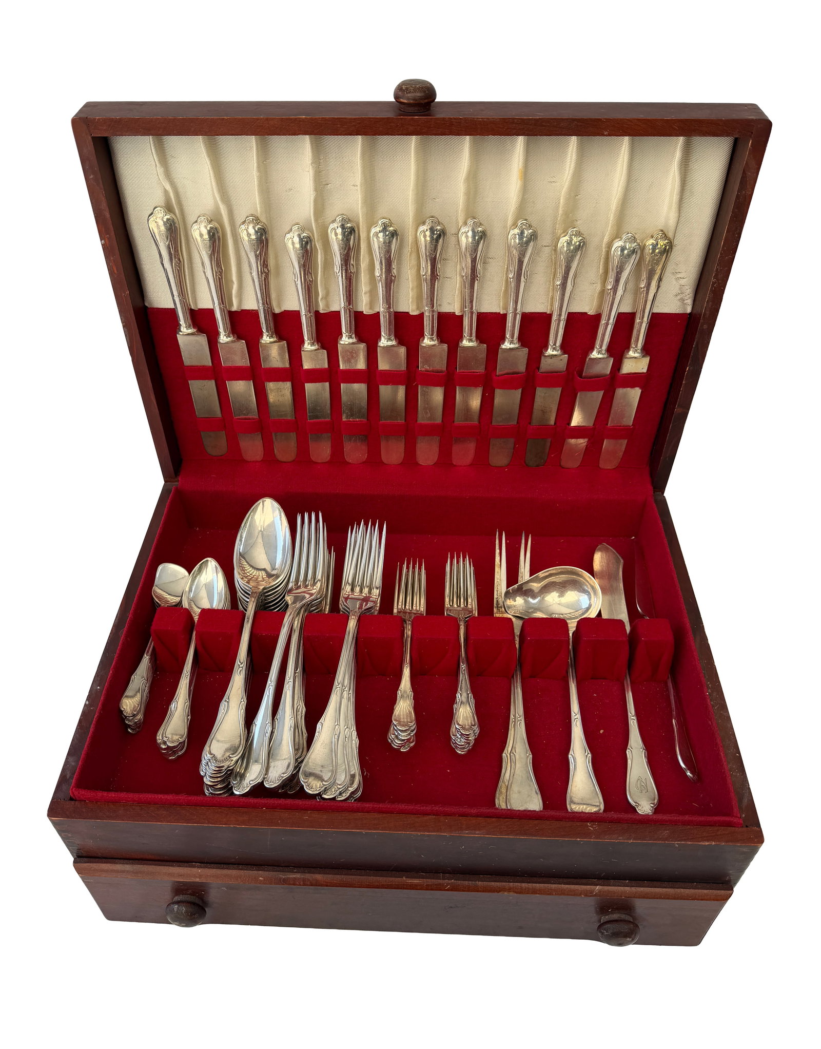 Art Krupp & Berndorf Flatware Set: Art Krupp & Berndorf Flatware set (Silverplate/Stainless). 15 sm forks, 11 luncheon forks, 12 dinner forks, 1 gravy ladle, 2 lg carving knives, 10 soup spoons, 6 petit four servers, 1 fish knife, 1 bu
