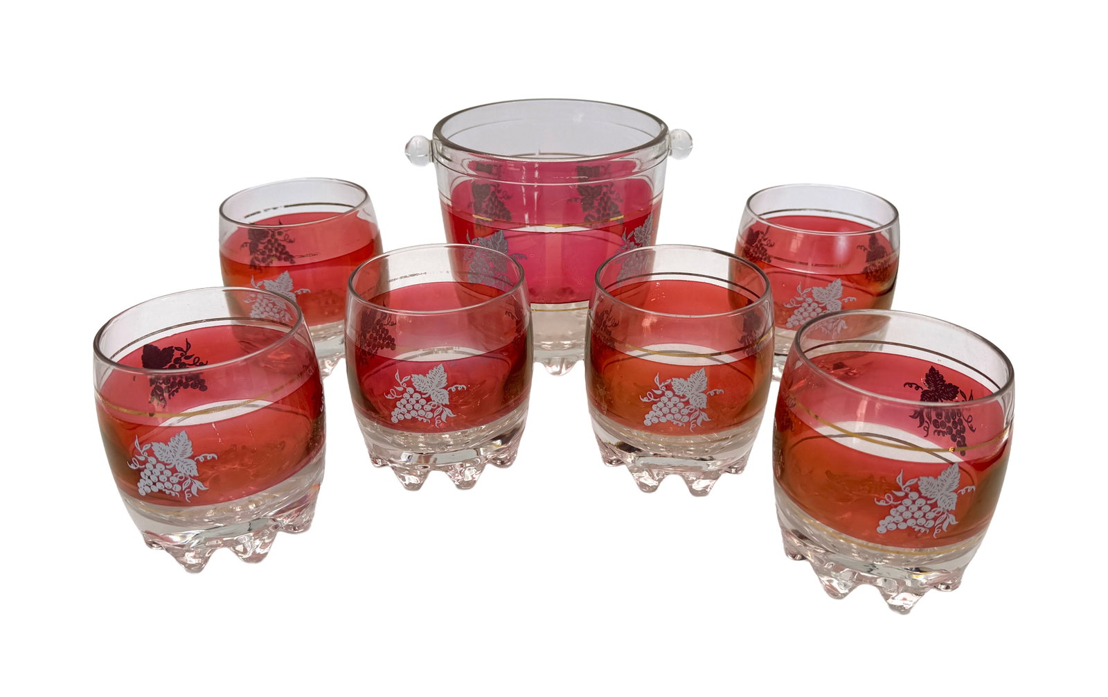 Kristal Lubiana Ice Bucket & 6 Glasses: Vintage seven-piece Kristall Lubiana Italian barware set, circa 1960s, comprising one red glass ice bucket and six matching drinking glasses. Each piece is decorated with a grape motif. Marked