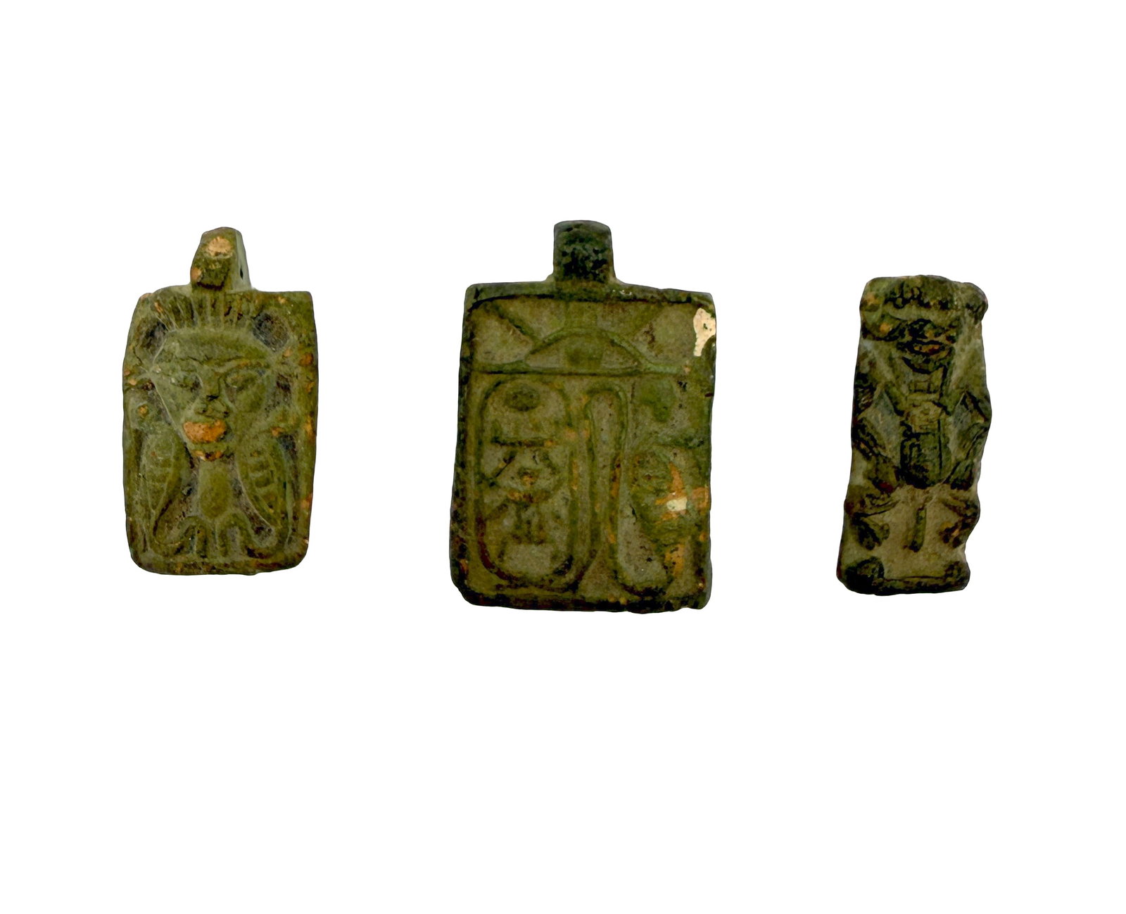 Egyptian Green Faience Amulets: Lot of 3:- New Kingdom: rectangular pendant depicting the head of Hathor over two Uraei facing outward, 1550-1069 BC (3cm tall x 2cm wide x 1cm deep)- Late Period style: a square Pharaoh Thutmose III 