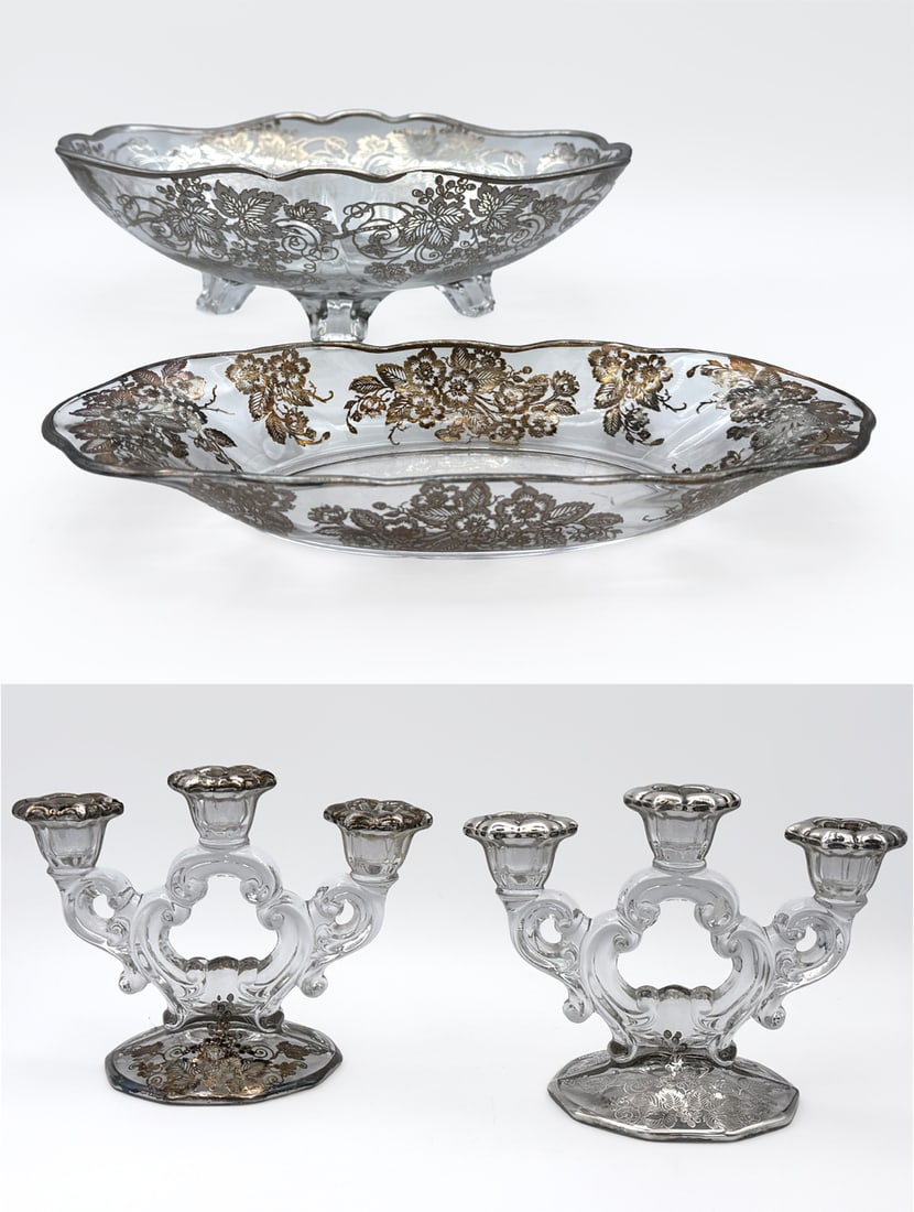 Vintage Silver City Glass Set: Vintage Silver City Glass Set. Pattern Code: SCISCI11 Description: Silver Grapes & Leaves. 2 candelabras, 1 small oval bowl, & 1 large oval bowl.