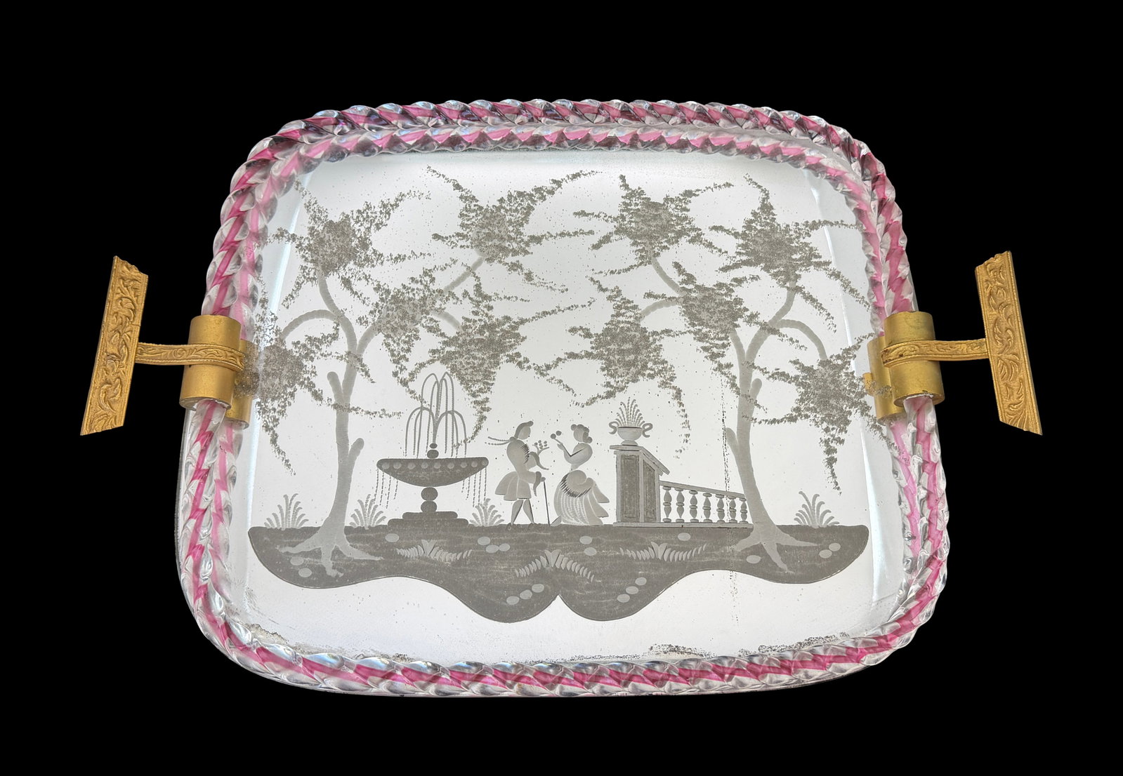 Venetian Murano Glass Mirror Tray: Mid-20th-century Venetian mirrored glass serving or vanity tray, attributed to Murano manufacture. The rectangular mirror is reverse etched with a courting couple in a garden landscape and bordered