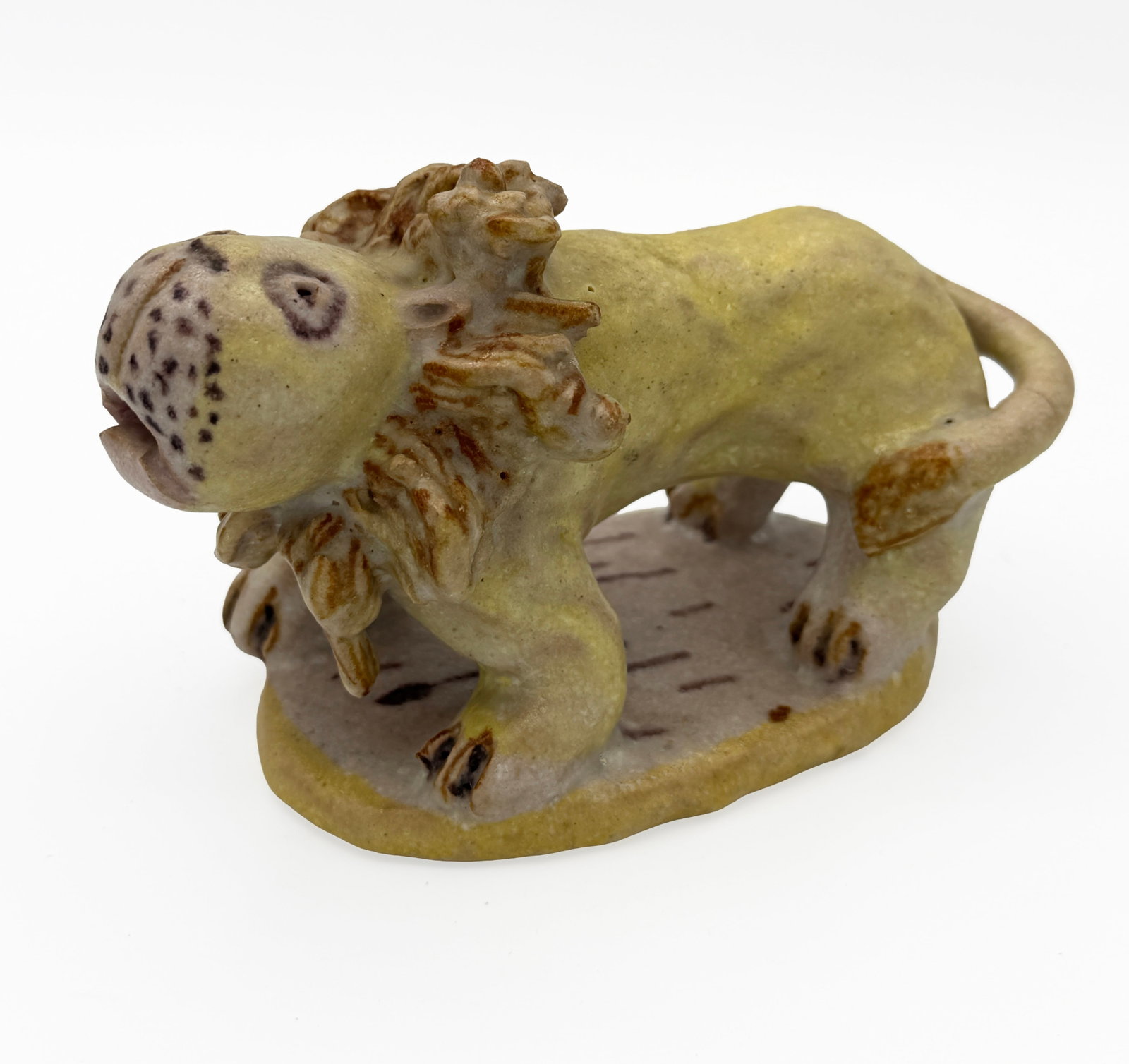 Guido Gambone, Lion: Lion sculpture, Glazed Stoneware by Guido Gambone. Italy, c. 1960.4 h x 5.75 w x 3.5 d in (10 x 15 x 9 cm) Glazed signature and donkey mark to underside 'Gambone Italy'.