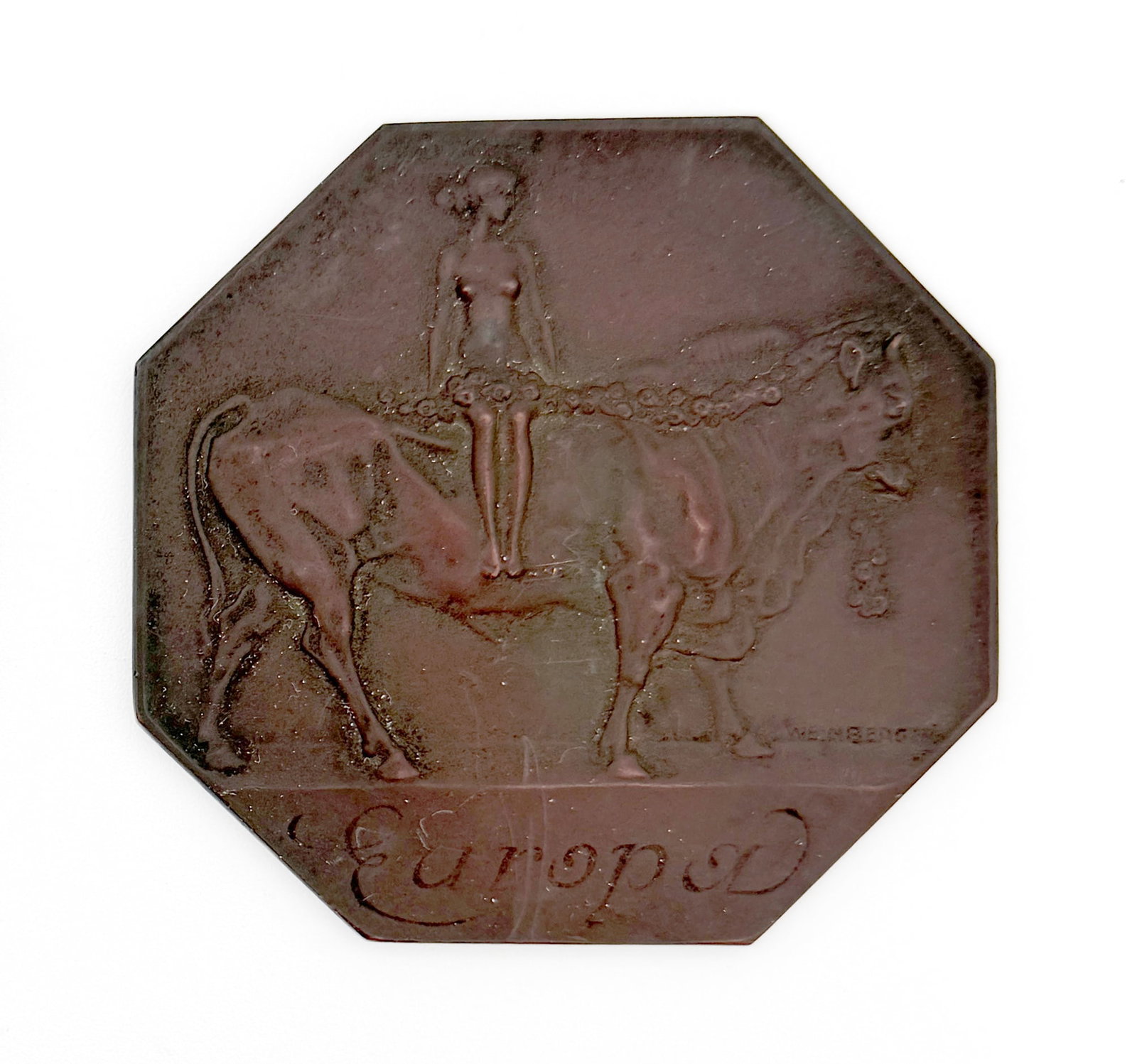 1907 Franges-Mihanovic Europa Bronze Plaque: Octagonal bronze plaquette titled Europa and the Bull by Croatian sculptor and medallist Robert Frangeš-Mihanovi? (1872–1940), circa 1907. The relief depicts the mythological abduction of Europa