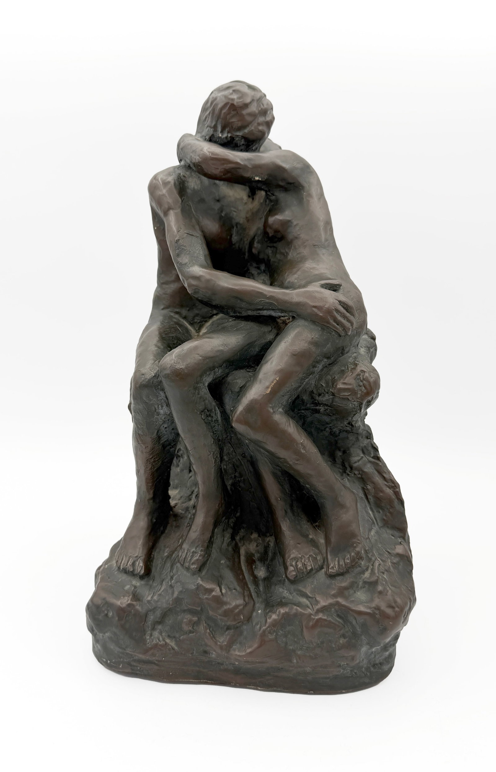The Kiss by Rodin, Chalkware Replica: Chalkware Statue Replica of The Kiss by Rodin. Produced by MARWAL IND. INC. c. 1960s. Bronze Verdigris Finish. Height 12"