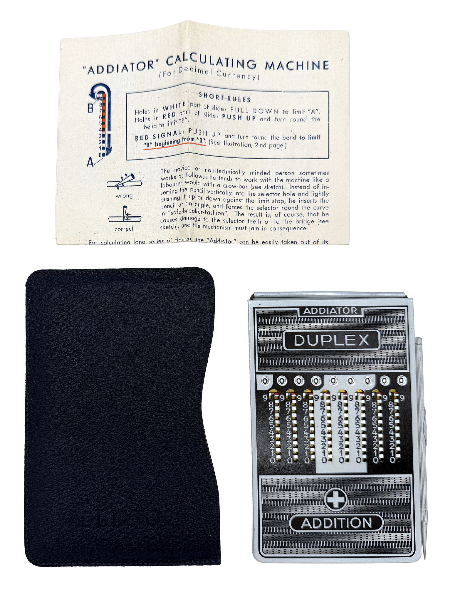 German Addiator Duplex Mechanical Calculator: German Addiator Duplex pocket mechanical calculator, circa 1950s, constructed of aluminum and steel with a nine-digit display. The double-sided slide calculator performs addition on one face and subtr