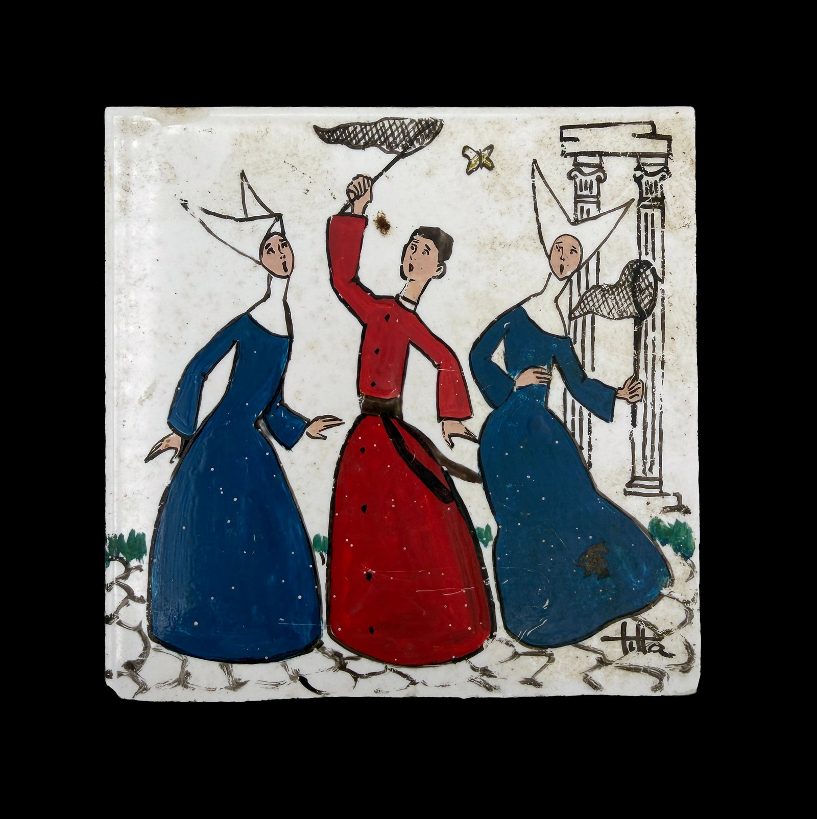 Vintage Painted Tile Match Box: Vintage painted tile match box.