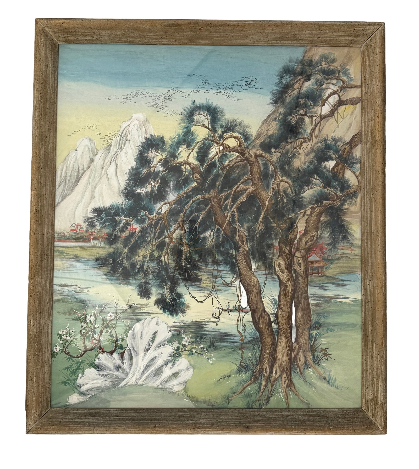 Chinese Mountain Scene on Silk by Margrethe: Watercolor on silk behind glass. Signed Margrethe.