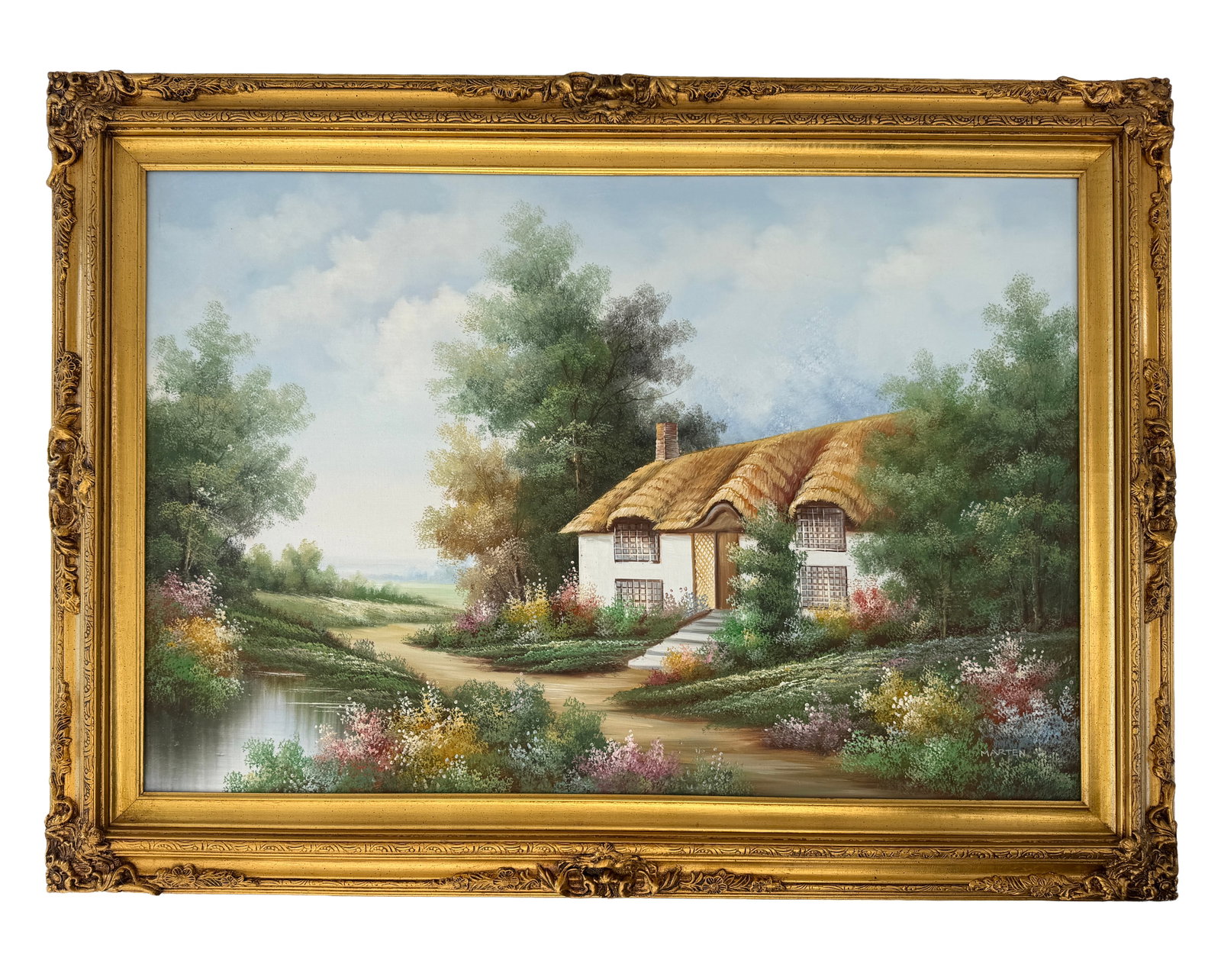 English Cottage Oil Painting by Marten: Large oil on canvas depicting an English country cottage with a thatched roof, surrounded by trees and flower gardens. A path curves past the cottage and a small pond occupies the foreground. Signed