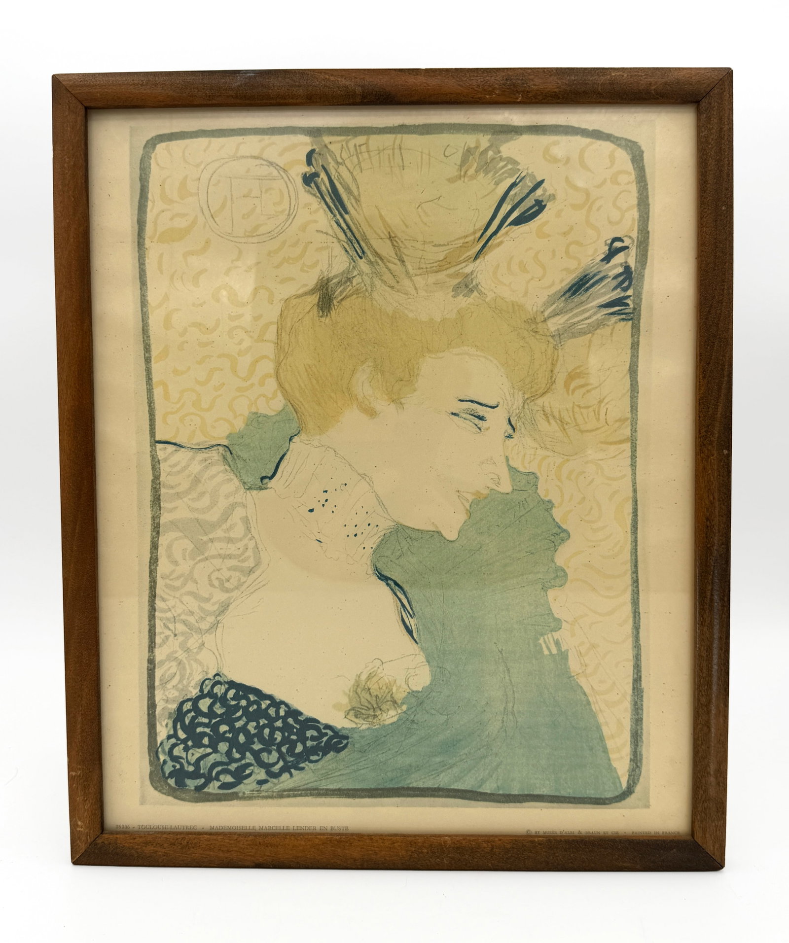 Toulouse-Lautrec Marcelle Lender Print: Mademoisielle Marcelle lender en buste by Henri Toulouse-Lautrec print in simple brown frame. Printed in France by Musee d'albi & braun et cie 39306