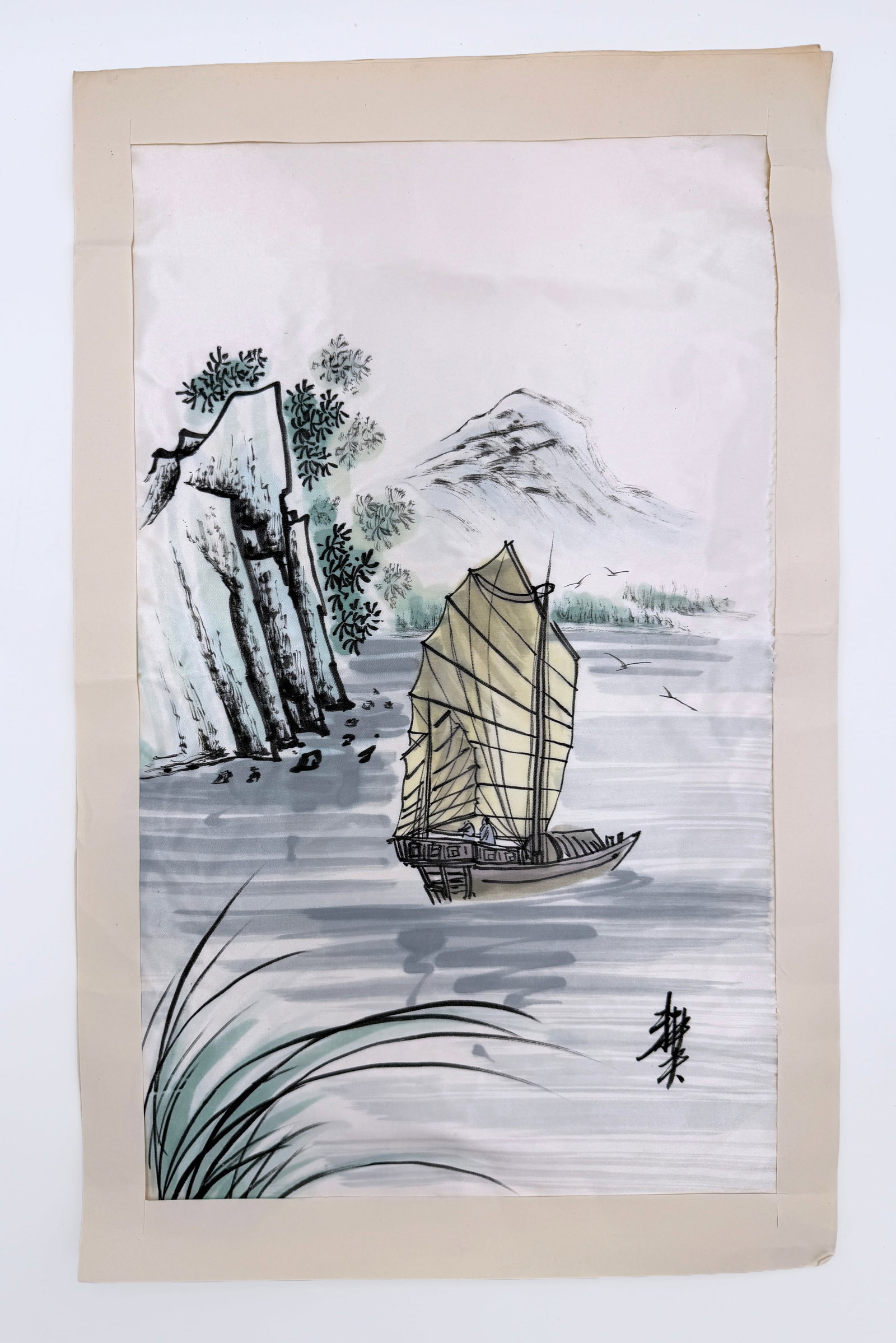 Vintage Chinese Silk Painting of Boat (1 of 2)