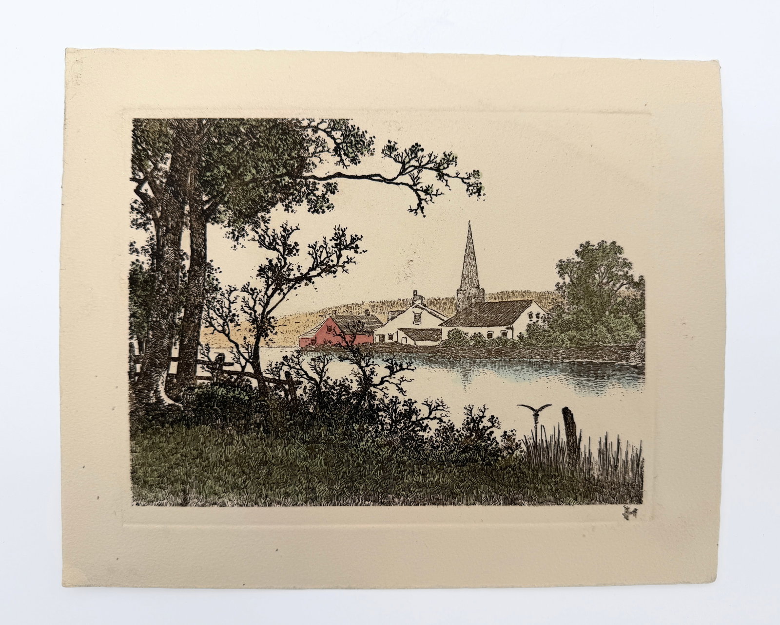 Antique River Landscape Color Etching: OLD ANTIQUE RIVER LANDSCAPE Colorized Etching Hand struck vintage lithograph